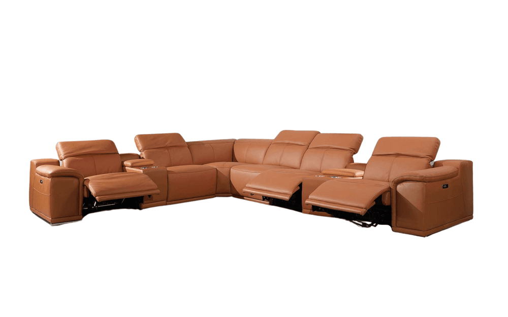 Camel Italian Leather Power Reclining U Shaped Eight Piece Corner Sectional With Console - Homeroots - Flyclothing LLC