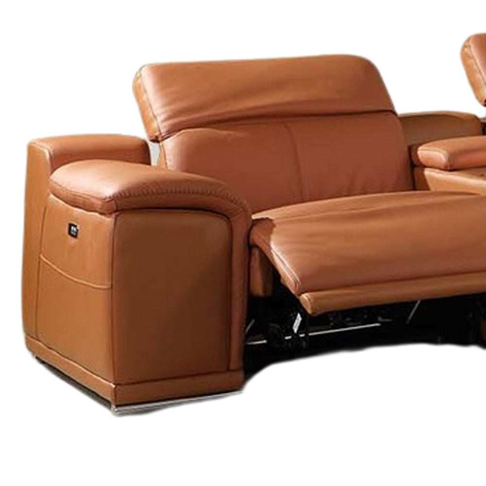 Camel Italian Leather Power Reclining U Shaped Eight Piece Corner Sectional With Console - Homeroots - Flyclothing LLC