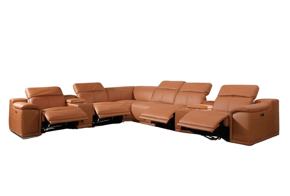 Camel Italian Leather Power Reclining U Shaped Eight Piece Corner Sectional With Console - Homeroots - Flyclothing LLC