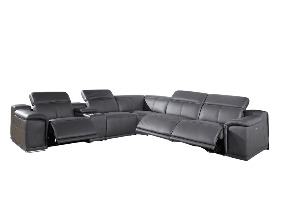 Gray Italian Leather Power Reclining U Shaped Six Piece Corner Sectional With Console - Homeroots - Flyclothing LLC