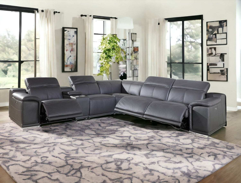 Gray Italian Leather Power Reclining U Shaped Six Piece Corner Sectional With Console - Homeroots - Flyclothing LLC