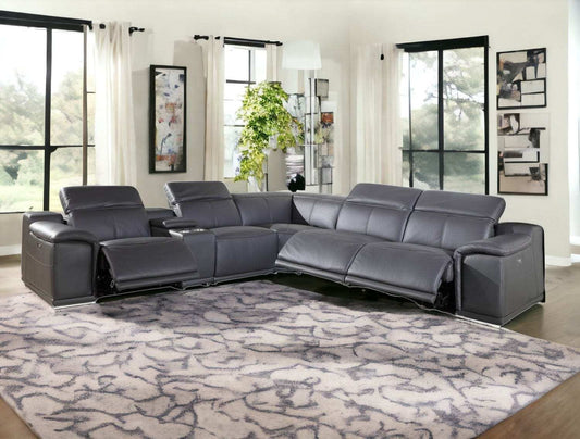 Gray Italian Leather Power Reclining U Shaped Six Piece Corner Sectional With Console - Homeroots - Flyclothing LLC