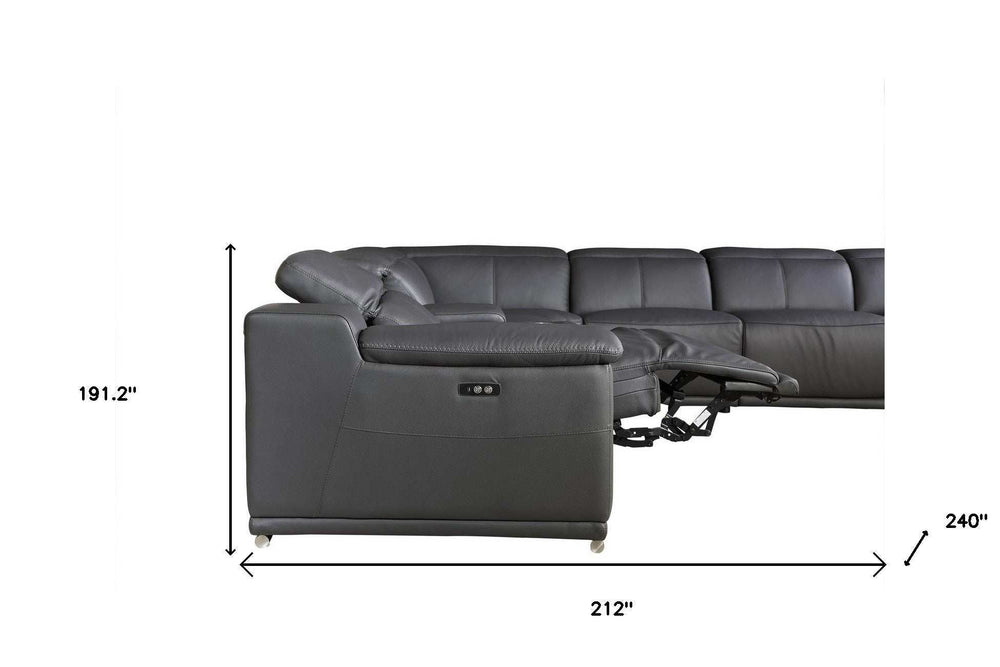 Gray Italian Leather Power Reclining U Shaped Six Piece Corner Sectional With Console - Homeroots - Flyclothing LLC