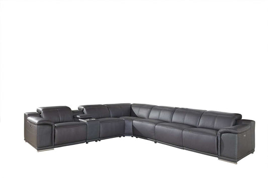 Gray Italian Leather Power Reclining U Shaped Seven Piece Corner Sectional With Console - Homeroots - Flyclothing LLC