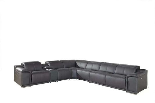 Gray Italian Leather Power Reclining U Shaped Seven Piece Corner Sectional With Console - Homeroots - Flyclothing LLC