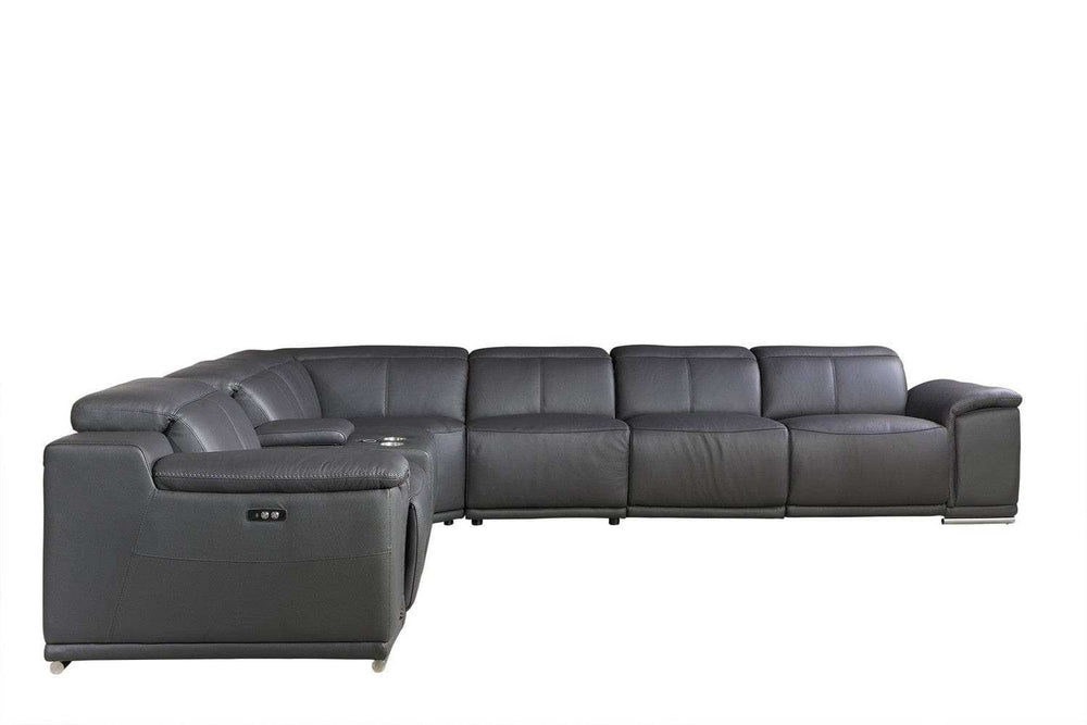 Gray Italian Leather Power Reclining U Shaped Seven Piece Corner Sectional With Console - Homeroots - Flyclothing LLC