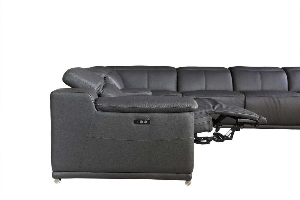 Gray Italian Leather Power Reclining U Shaped Seven Piece Corner Sectional With Console - Homeroots - Flyclothing LLC