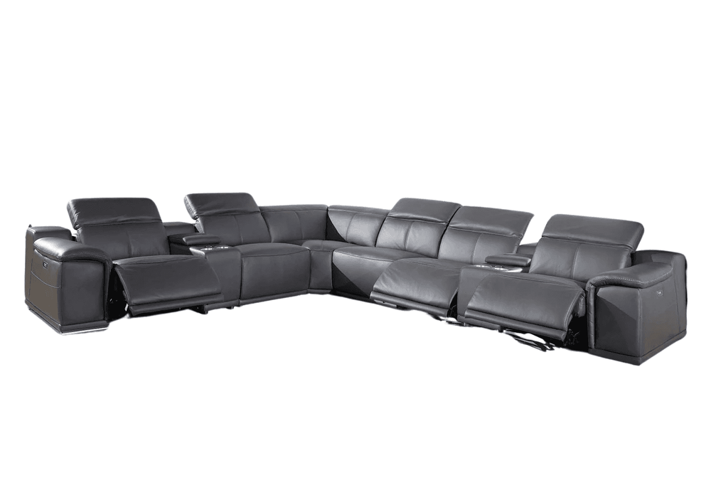 Gray Italian Leather Power Reclining U Shaped Eight Piece Corner Sectional With Console - Homeroots - Flyclothing LLC