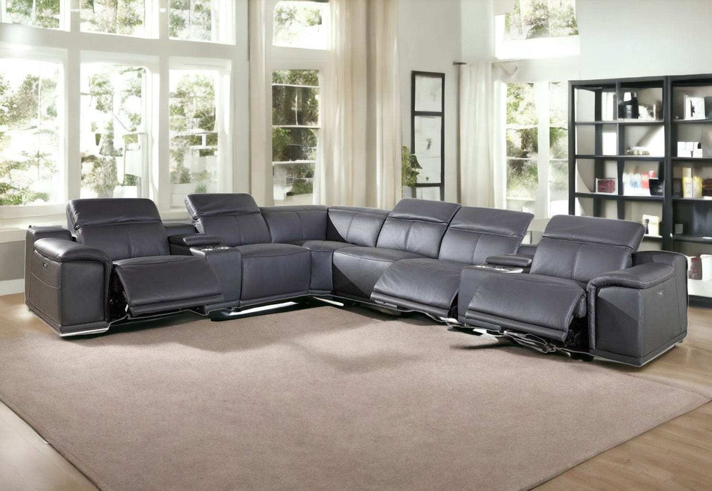 Gray Italian Leather Power Reclining U Shaped Eight Piece Corner Sectional With Console - Homeroots - Flyclothing LLC