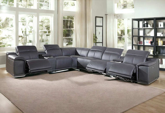 Gray Italian Leather Power Reclining U Shaped Eight Piece Corner Sectional With Console - Homeroots - Flyclothing LLC