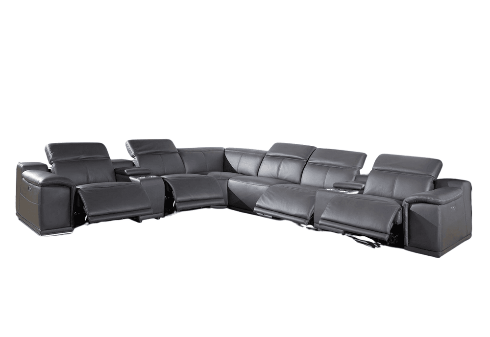 Gray Italian Leather Power Reclining U Shaped Eight Piece Corner Sectional With Console - Homeroots - Flyclothing LLC