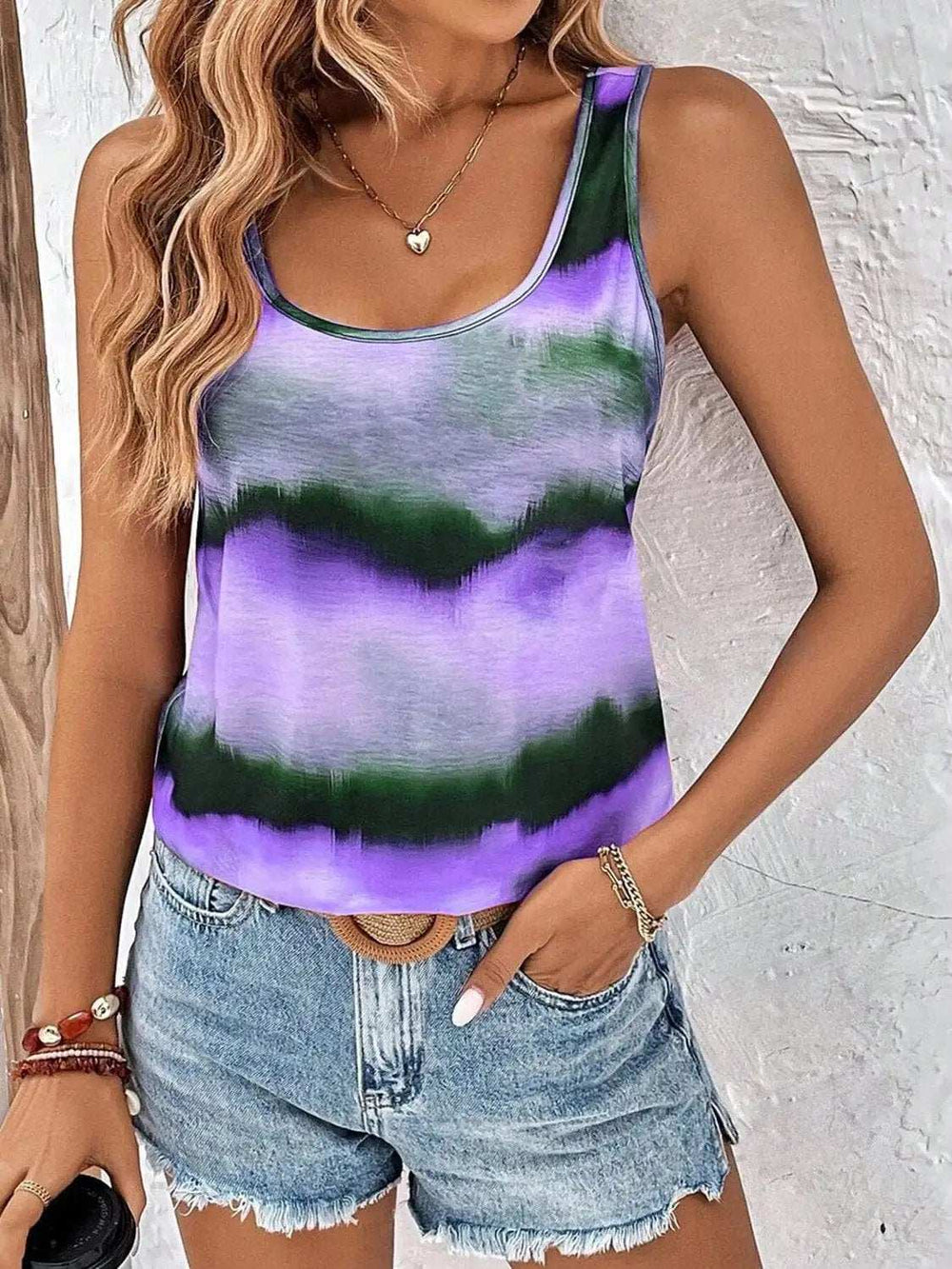 Tie-Dye Scoop Neck Wide Strap Tank - Trendsi - Flyclothing LLC