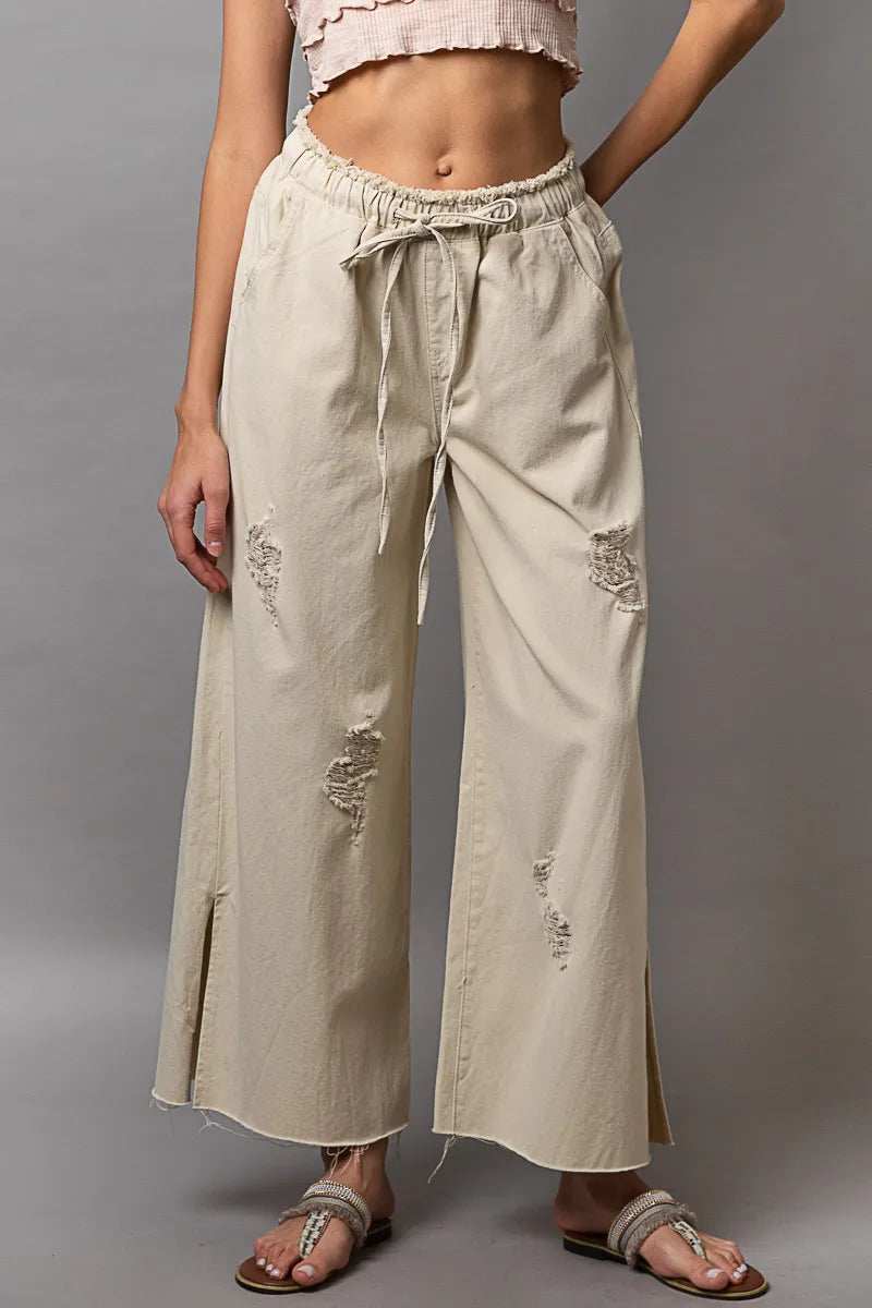 POL Distressed Drawstring Slit Wide leg Pants - Trendsi - Flyclothing LLC