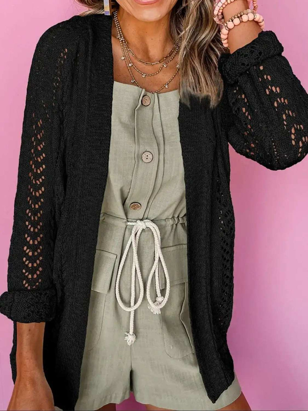 Openwork Open Front Long Sleeve Cardigan - Trendsi - Flyclothing LLC