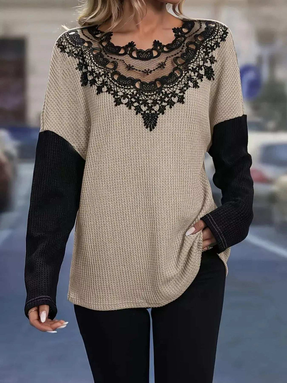 Lace Detail Color Block Long Sleeve T-Shirt - Trendsi - Flyclothing LLC