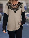 Lace Detail Color Block Long Sleeve T-Shirt - Trendsi - Flyclothing LLC