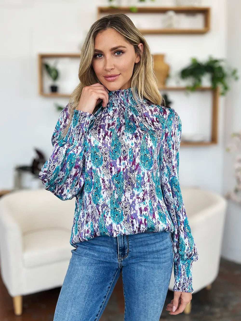 Double Take Full Size Printed Smocked Long Sleeve Blouse - Trendsi - Flyclothing LLC