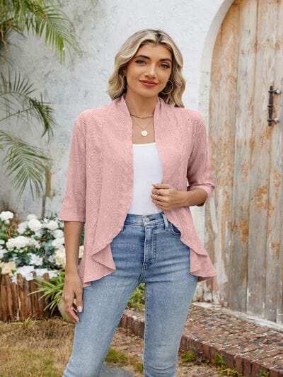 Eyelet Open Front Three-Quarter Sleeve Top - Trendsi - Flyclothing LLC