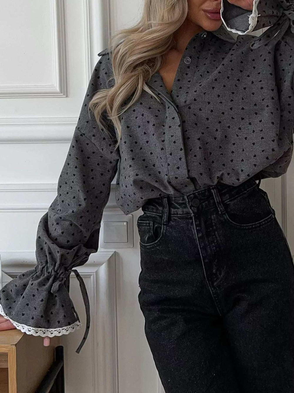 Heart Print Button Up Flounce Sleeve Shirt - Trendsi - Flyclothing LLC