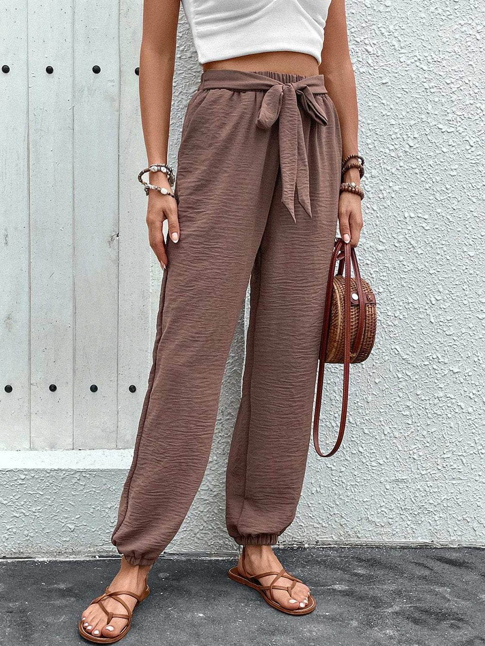 Tied High Waist Pants with Pockets - Trendsi - Flyclothing LLC