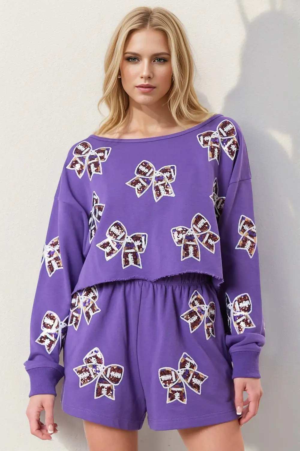 Double Take Sequin Bow Cropped Top and Shorts Set - Trendsi - Flyclothing LLC