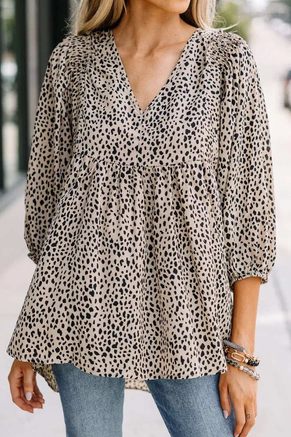 Animal Print V-Neck Three-Quarter Sleeve Blouse - Trendsi - Flyclothing LLC