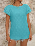 Eyelet Round Neck Double Layered Ruffled Short Sleeve Top - Trendsi - Flyclothing LLC