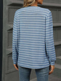 Striped Henley T-Shirt with Button Detail - Trendsi - Flyclothing LLC