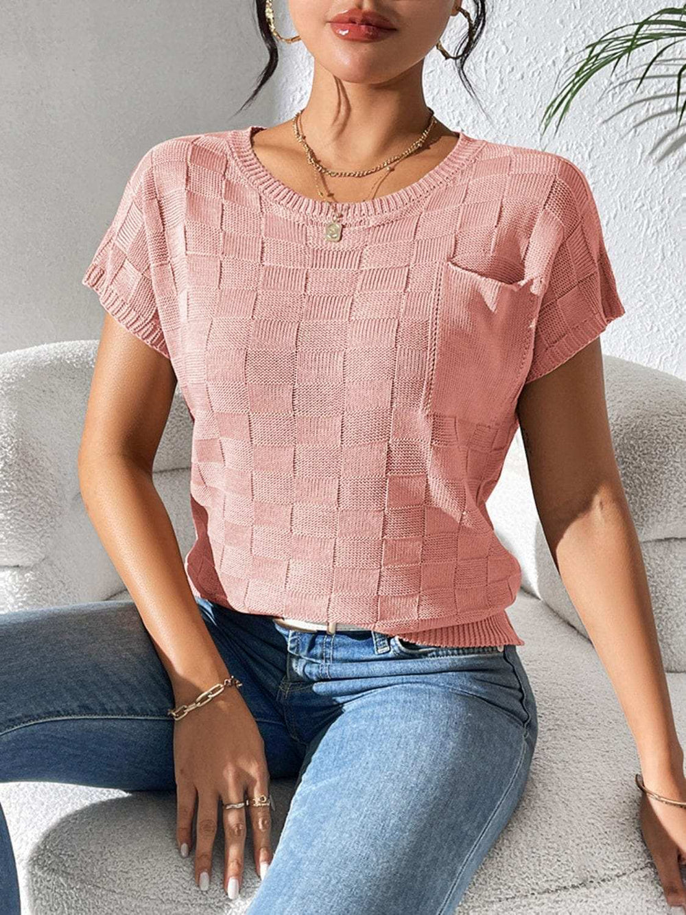 Round Neck Short Sleeve Knit Top - Trendsi - Flyclothing LLC