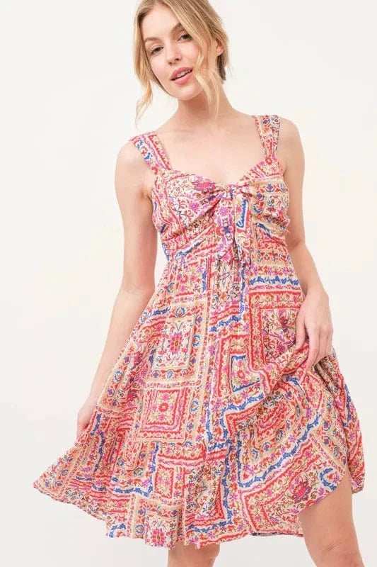 And The Why Tied Front Smocked Back Tiered Boho Printed Dress - Trendsi - Flyclothing LLC