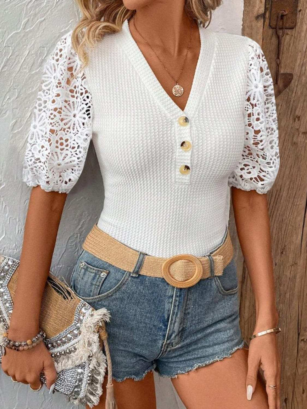 Lace Detail V-Neck Short Sleeve Blouse - Trendsi - Flyclothing LLC