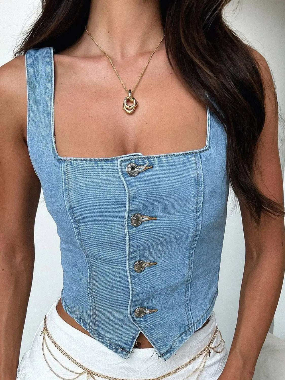 Smocked Square Neck Denim Top - Trendsi - Flyclothing LLC