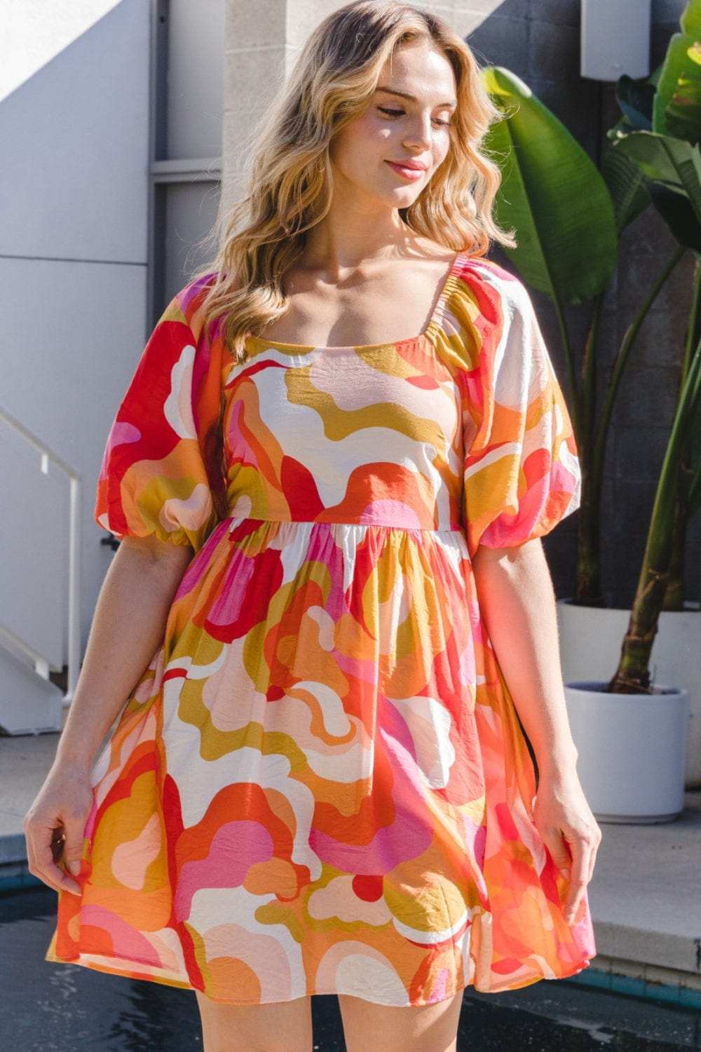 ODDI Full Size Printed Tied Back Short Sleeve Mini Dress - Trendsi - Flyclothing LLC