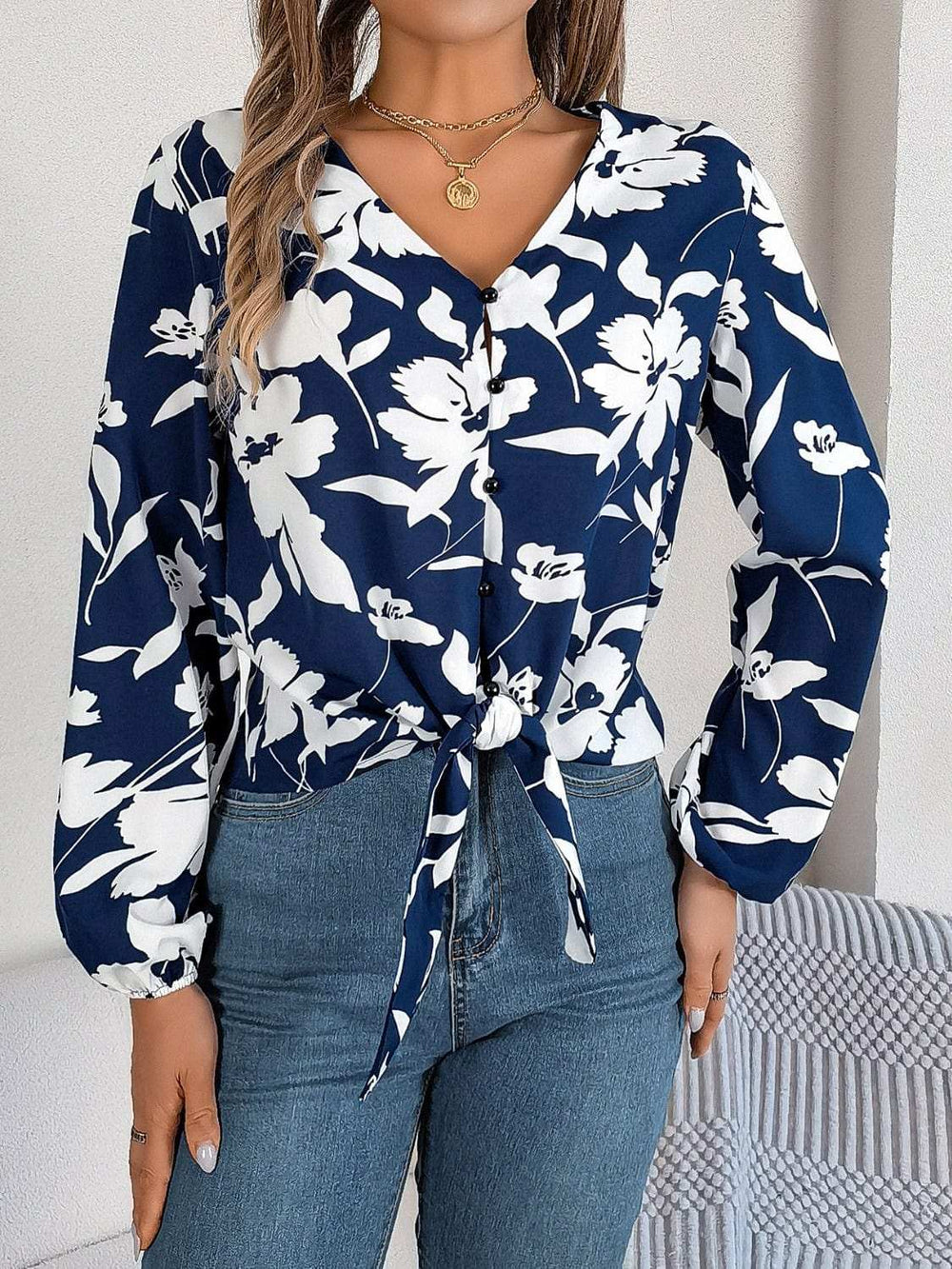 Printed V-Neck Long Sleeve Blouse - Trendsi - Flyclothing LLC