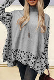 Slit Leopard Mock Neck Dropped Shoulder Sweater - Trendsi - Flyclothing LLC