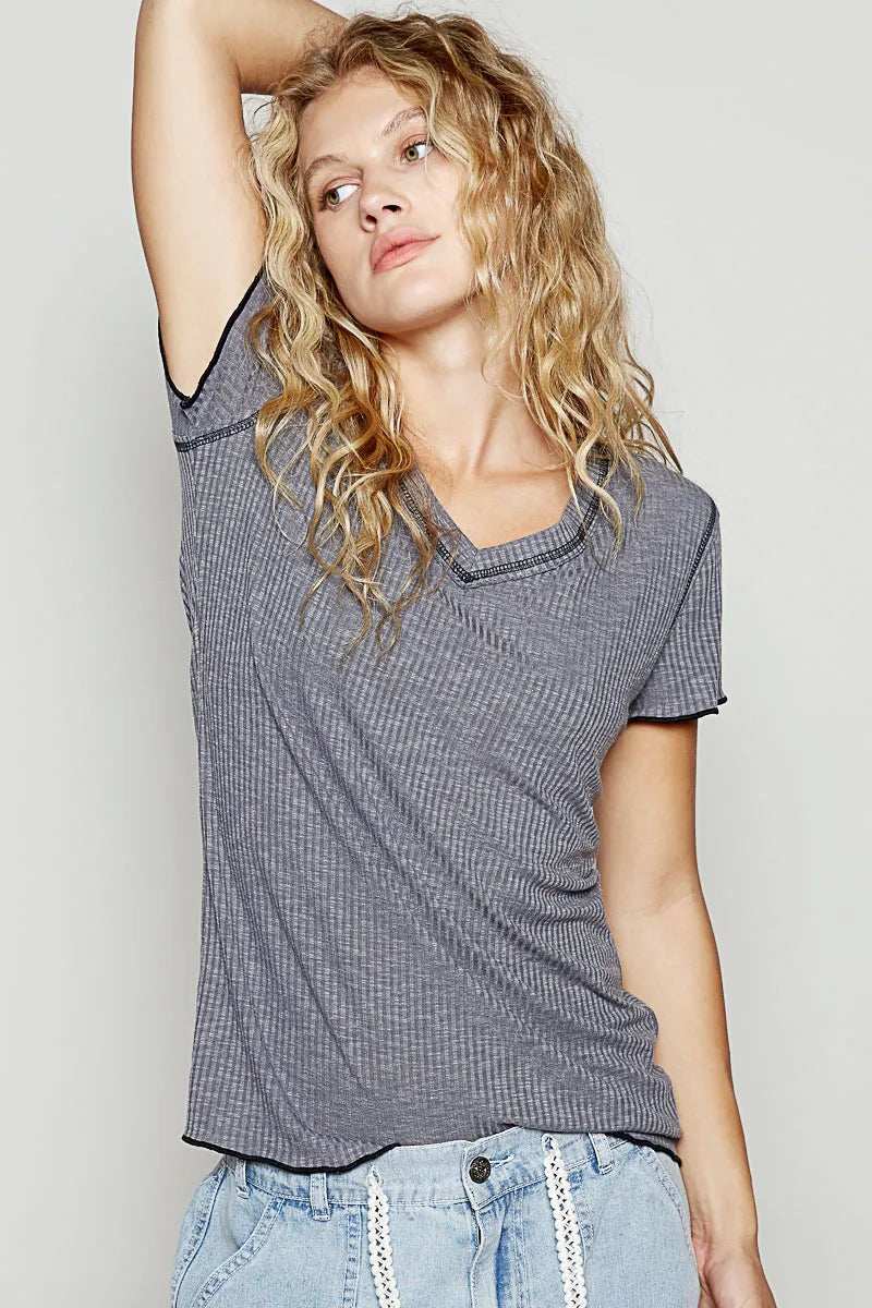 POL V-Neck Short Sleeve Ribbed T-Shirt with Contrast Overlock Stitching - Trendsi - Flyclothing LLC