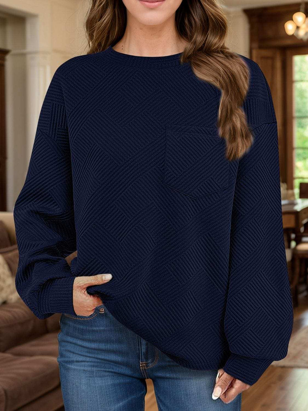 Full Size Texture Round Neck Long Sleeve Sweatshirt - Trendsi - Flyclothing LLC