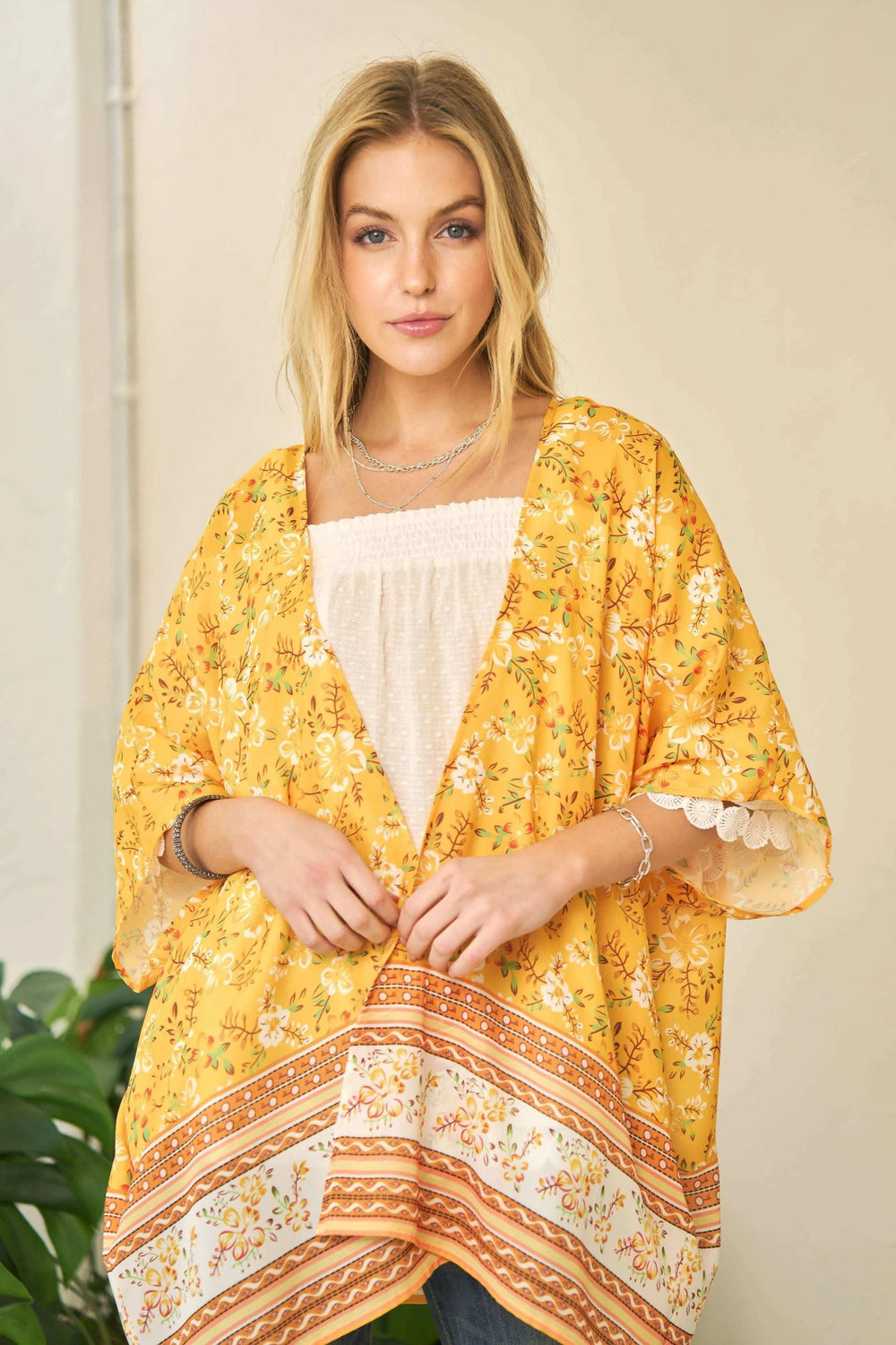 Davi & Dani Floral Printed Short Sleeve Loose Fit Kimono Cover Up - Trendsi - Flyclothing LLC