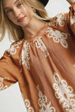 Umgee Full Size Two Tone Border Print Top with Balloon Sleeves Plus Size - Trendsi - Flyclothing LLC