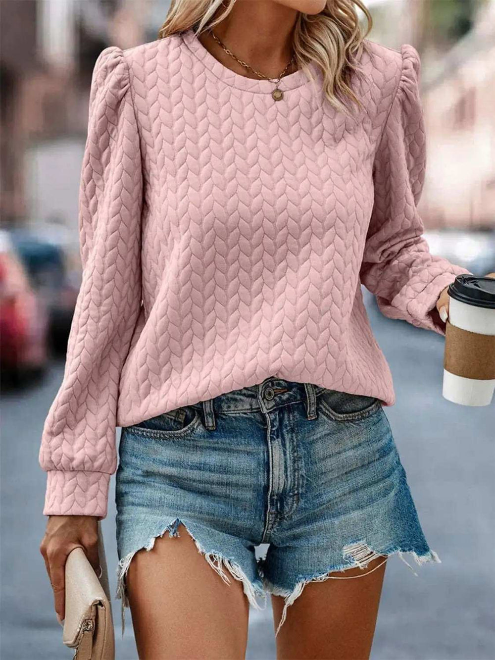 Textured Round Neck Long Sleeve Sweatshirt - Trendsi - Flyclothing LLC