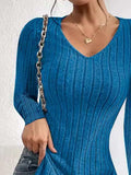 Slit Ribbed V-Neck Long Sleeve T-Shirt - Trendsi - Flyclothing LLC