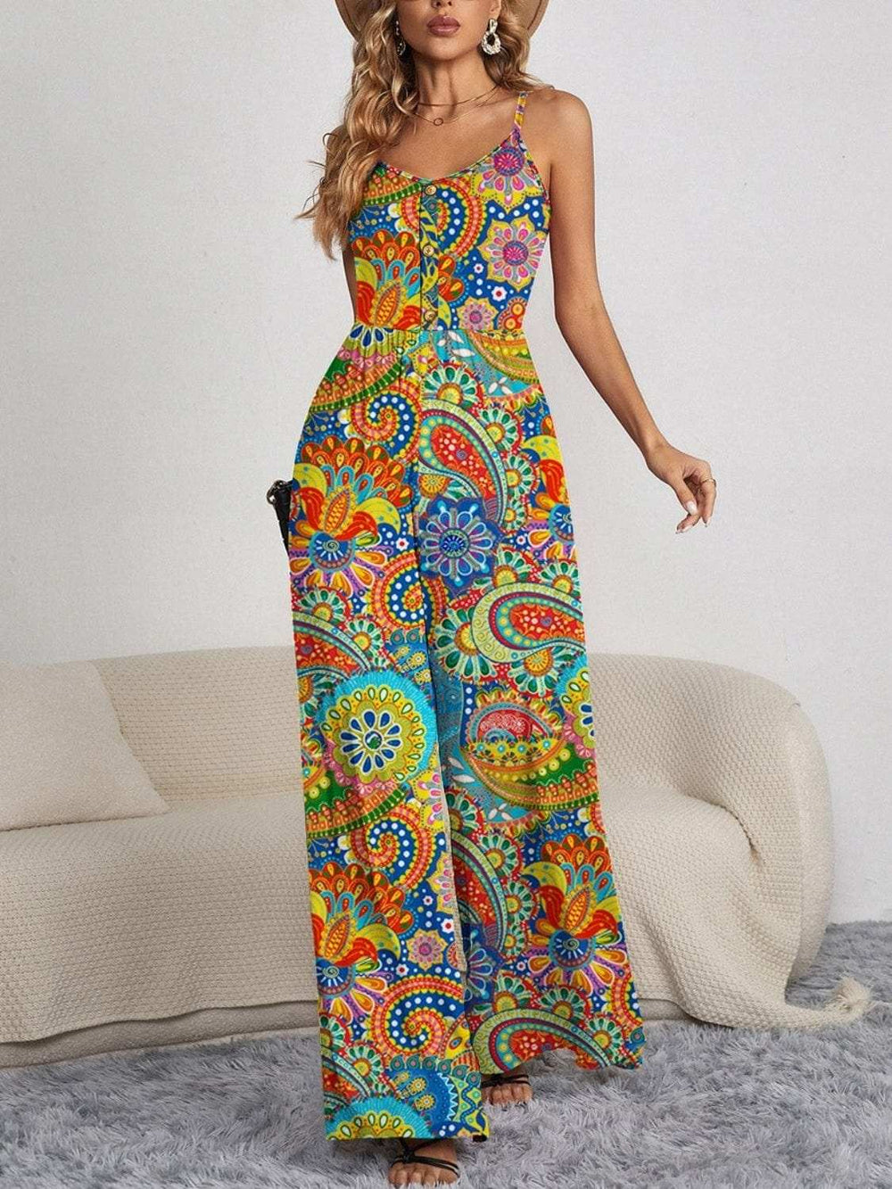 Decorative Button Spaghetti Strap Wide Leg Jumpsuit - Trendsi - Flyclothing LLC