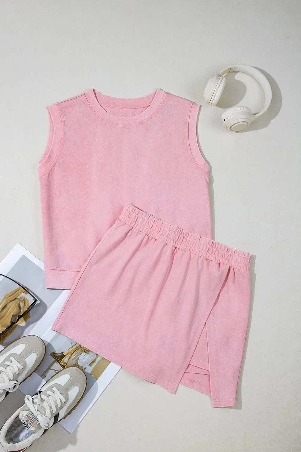Mineral Wash Cotton Tank Top and Slit Skort Set - Trendsi - Flyclothing LLC