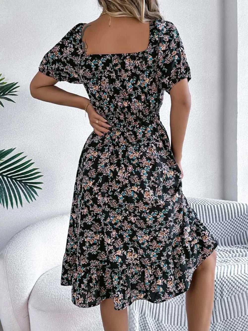 Ruffled Hem Floral Puff Sleeve Dress - Trendsi - Flyclothing LLC