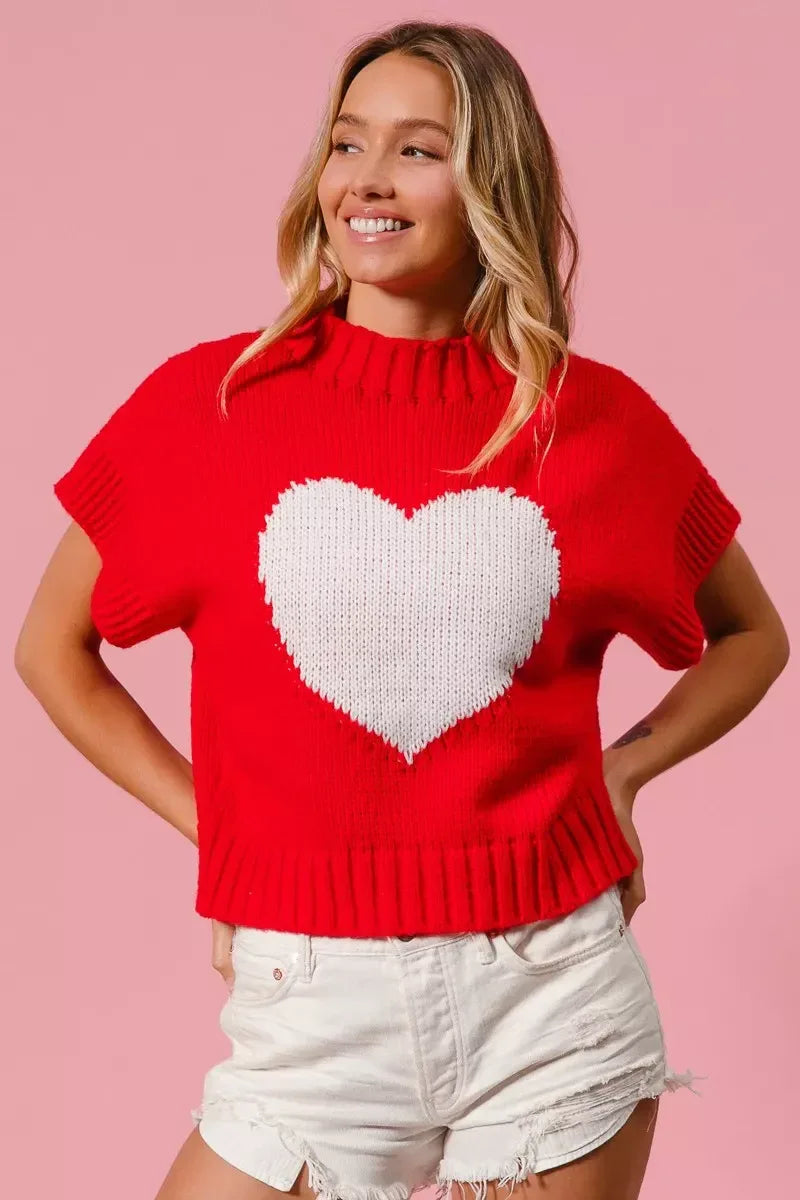 BiBi Rib Banded Heart Pattern Valentines Sweater - Trendsi - Flyclothing LLC