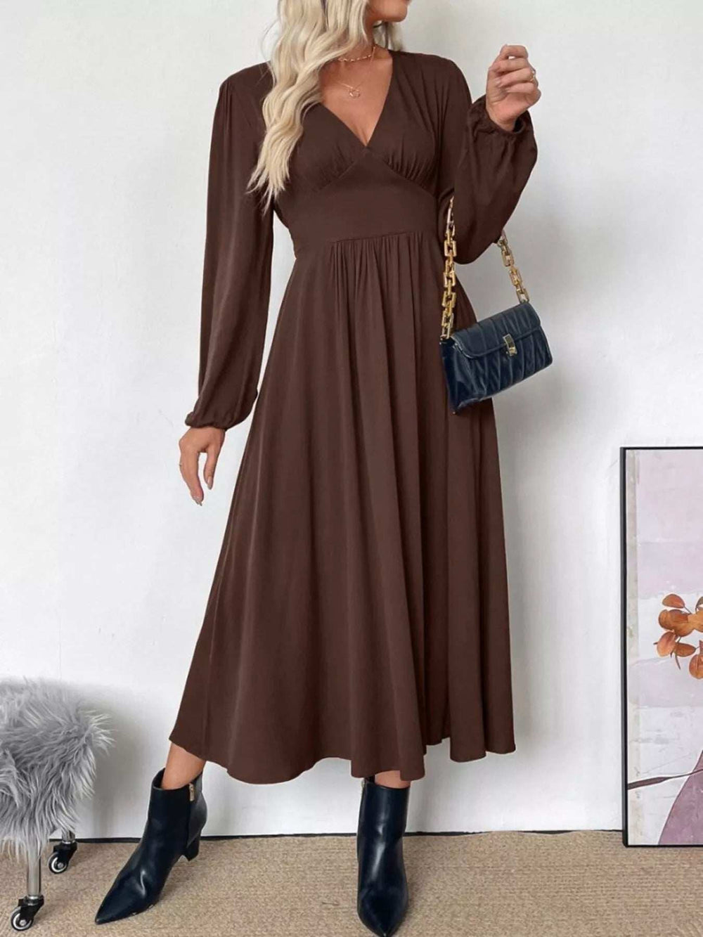 V-Neck Balloon Sleeve Midi Dress - Trendsi - Flyclothing LLC