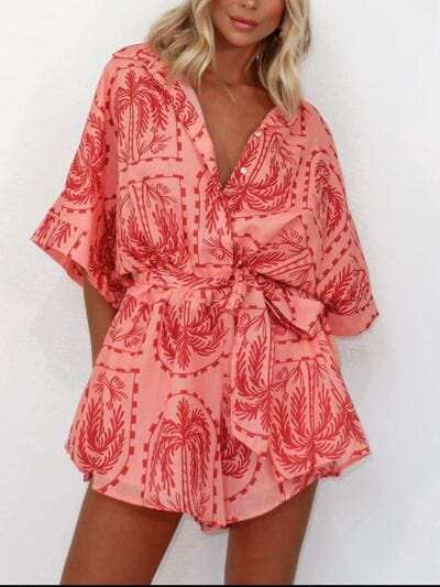 Printed Tie Waist Half Sleeve Romper - Trendsi - Flyclothing LLC