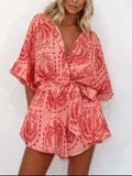 Printed Tie Waist Half Sleeve Romper - Trendsi - Flyclothing LLC