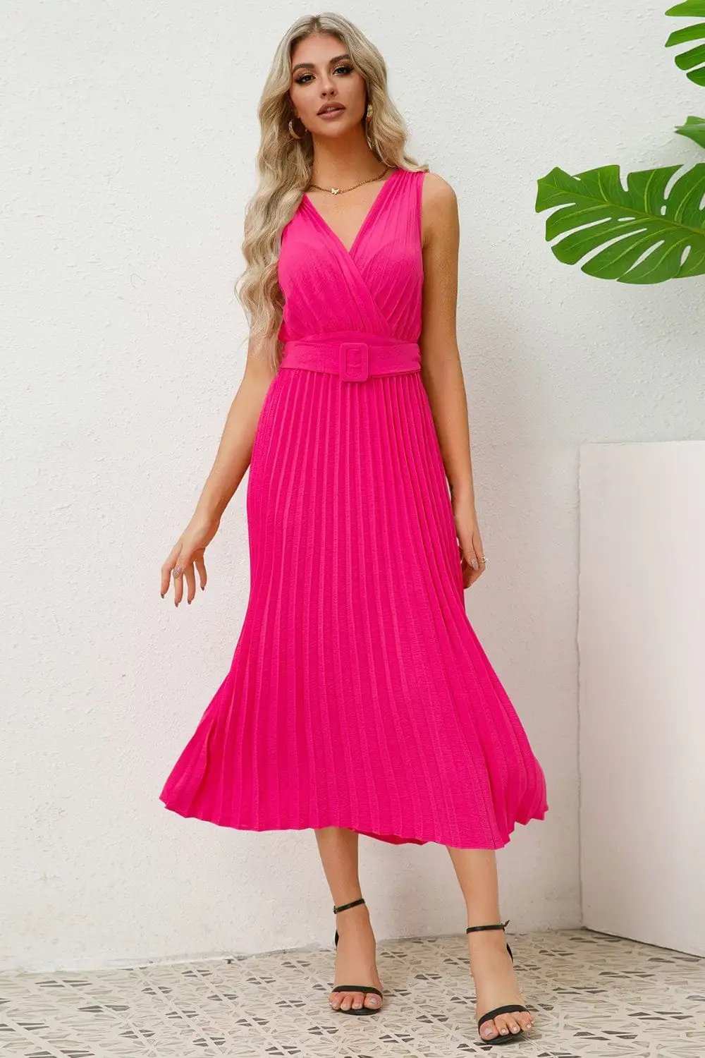 Surplice Sleeveless Midi Pleated Dress - Trendsi - Flyclothing LLC