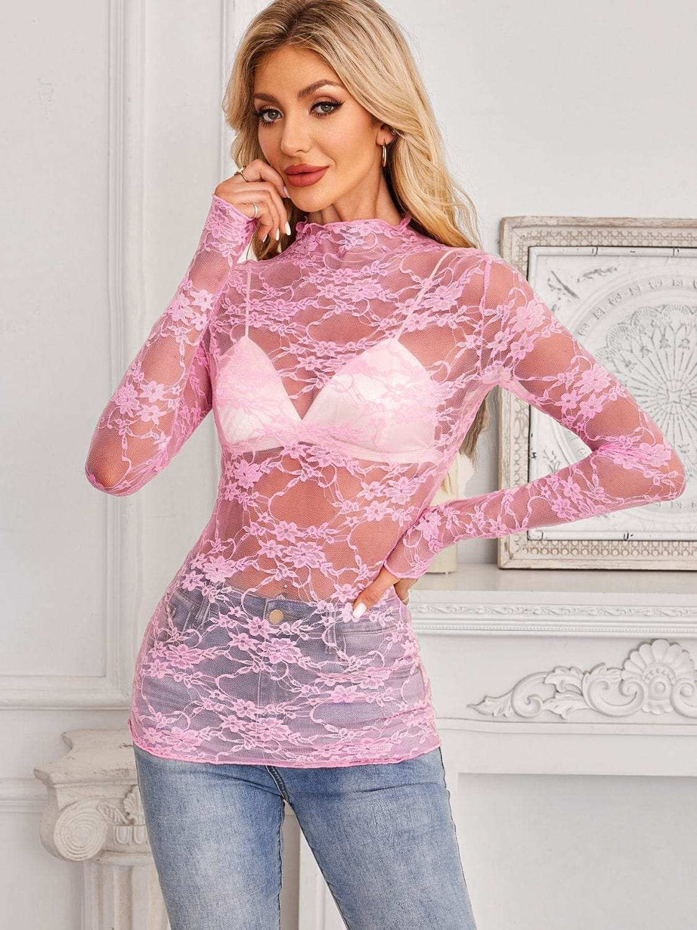 Mock Neck Long Sleeve Lace Sheer Top - Trendsi - Flyclothing LLC
